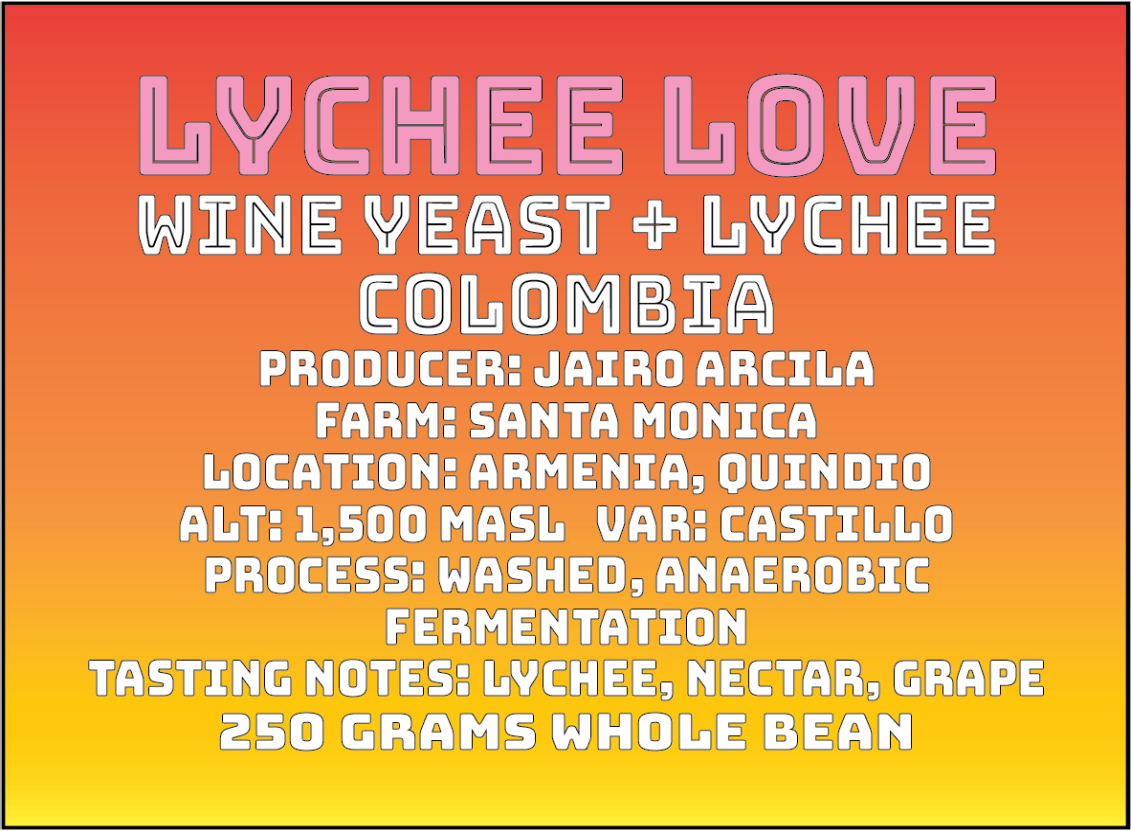 Text detailing 'Lychee Love' wine yeast and lychee Colombia product on a gradient background