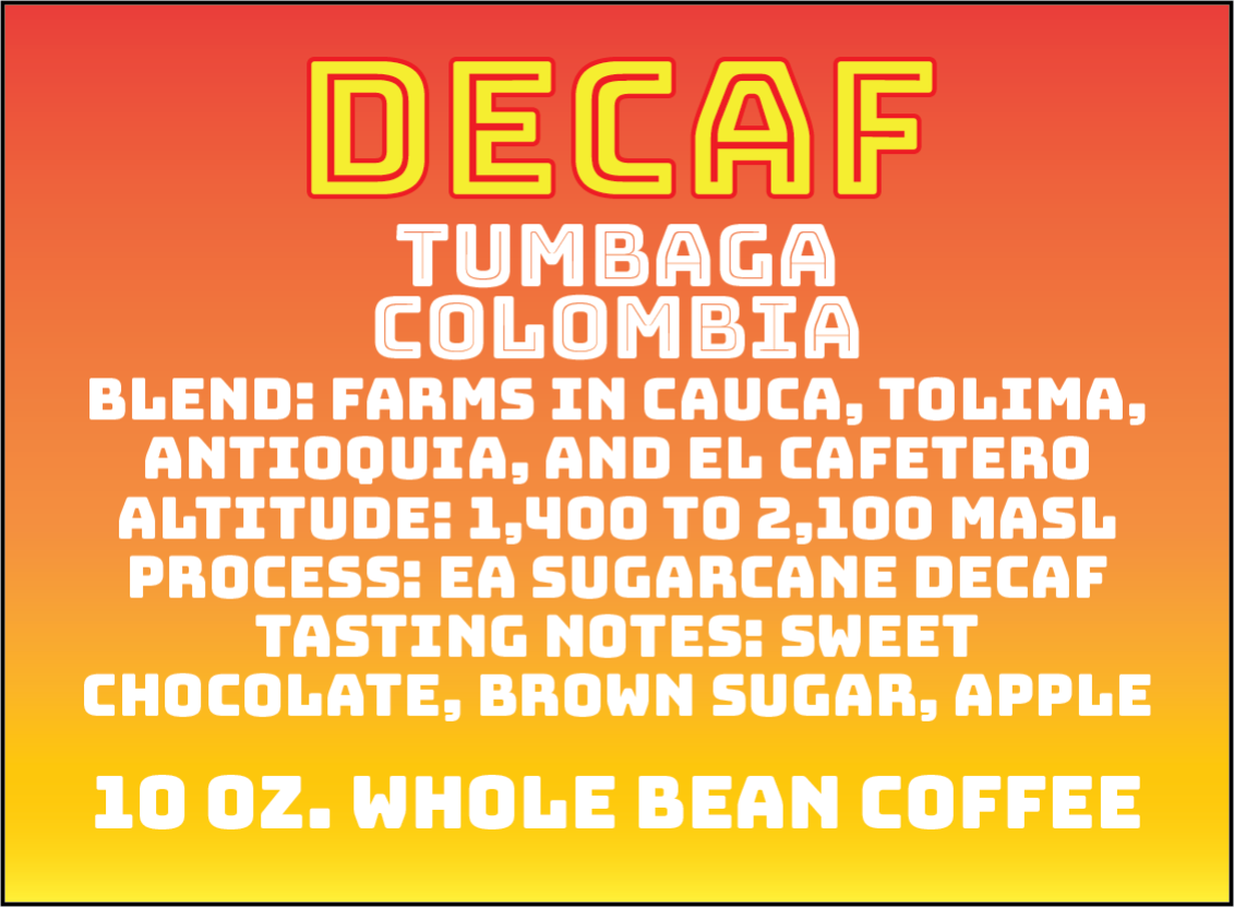 Decaf coffee label with details on a gradient background