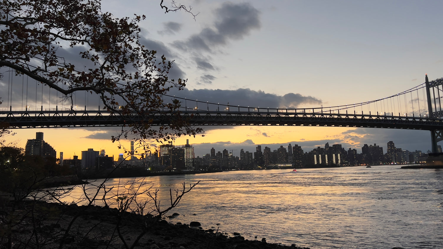 This photo was taken in Astoria Park in Queens, NY, showing a sunset over the Manhattan skyline with the RFK Bridge in the foreground and the East River running between Queens and Manhattan.