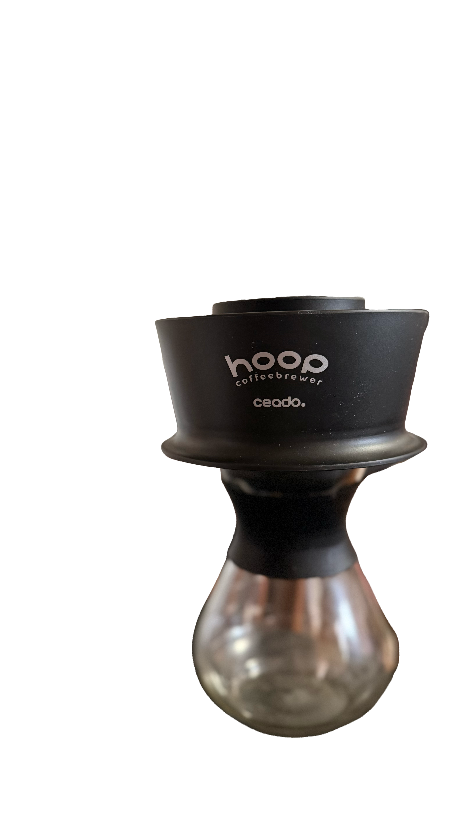 Black coffee brewer with 'hoop' branding on a white background