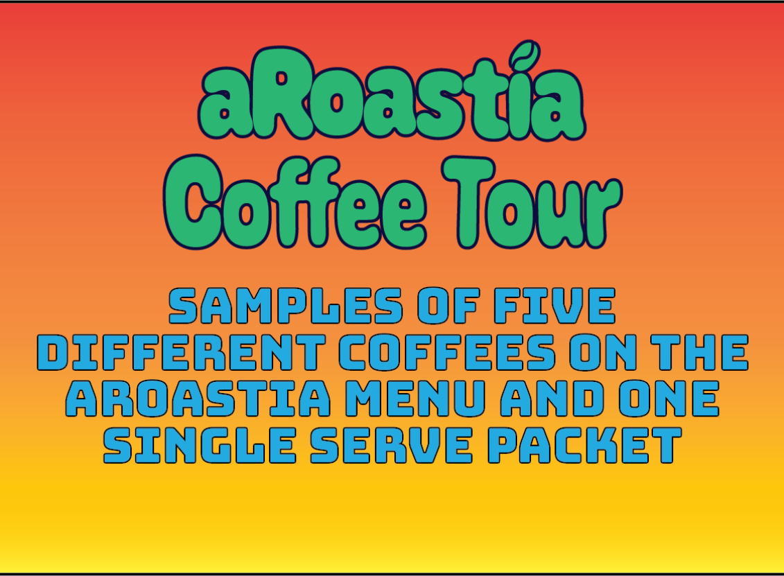 Promotional text for aRoastia Coffee Tour on an orange and yellow gradient background