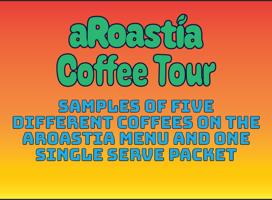 Promotional text for aRoastia Coffee Tour on an orange and yellow gradient background